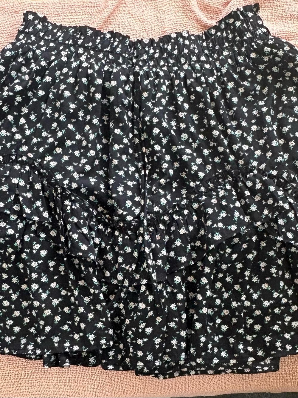 Smocked Waist Black Mini Skirt with White Floral Print